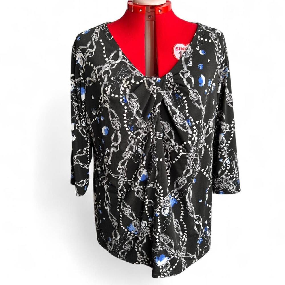 Jones Studio Black Business Casual Shirt Blue Gems and Chains Y2K Office Wear 2X